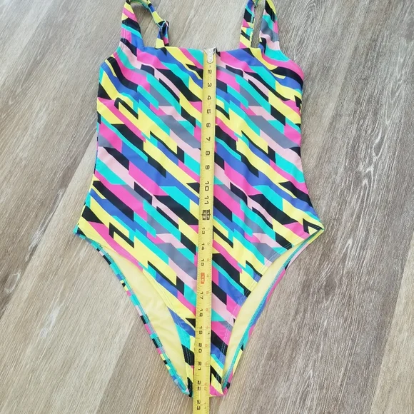 Relleciga One Piece Swimsuit Color Block Geometric Neon Stripe Bodysuit NWT - Picture 12 of 14